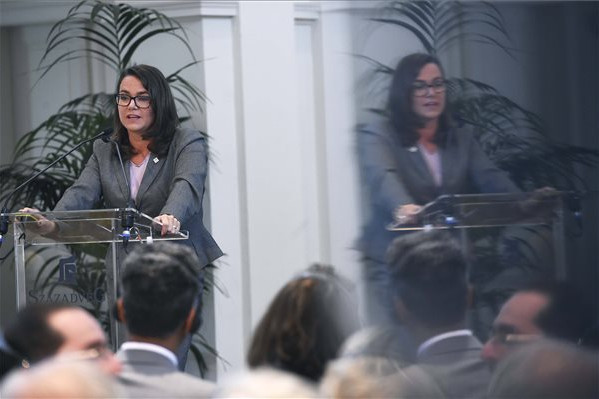 Fotó: MTI/Bruzák Noémi Novák Katalin, az Emberi Erőforrások minisztériumának család- és ifjúságügyért felelős államtitkára előadást tart a Századvég Alapítvány Európa választ! A Project28 kutatás eredményei 2019-ben című konferencián