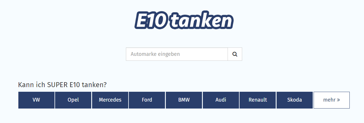 Fotó: e10tanken.de A német nyelvű weboldal nyitó felületén tetszőlegesen kiválaszthatjuk azt autó márkát, amelyikről meg szeretnénk tudni, hogy tankolhatunk-e bele az új üzemanyagból