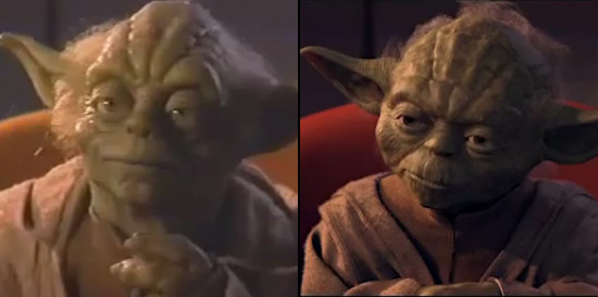 Fotó: slashfilm.com A baloldalon látható Yoda mester, még felújított változat előtti változata