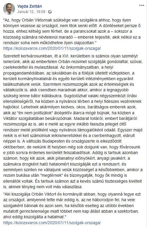 Fotó: Facebook Vajda Zoltán példátlan írása