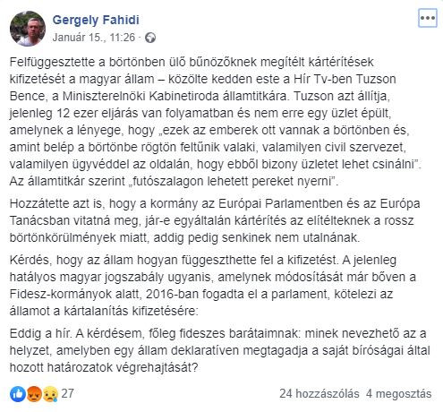 Fotó: Facebook Fahidi posztja a Facebookon