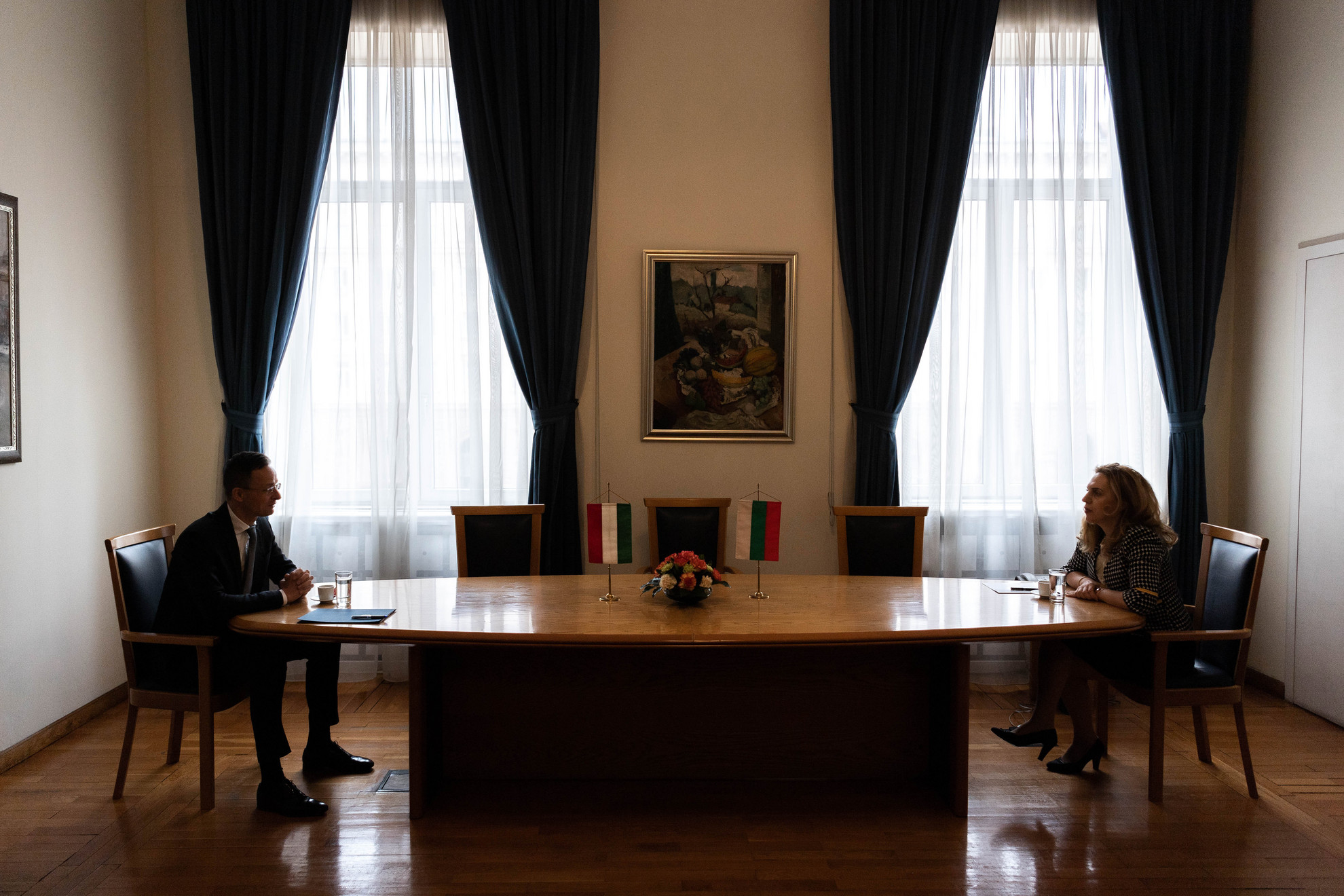 Fotó: MTI/KKM/Borsos Mátyás A Külgazdasági és Külügyminisztérium (KKM) által közreadott képen Szijjártó Péter külgazdasági és külügyminiszter és Marijana Nikolova miniszterelnök-helyettes találkozója Szófiában 2020. március 26-án