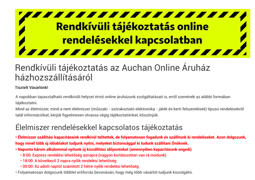 Fotó: Auchan A helyzet az Auchannál sem más (ott április 8-ig van teljesen betelve a naptár), ugyanakkor a francia üzletlánc már az új szállítási ablakok nyitását is egyfajta versenyként rendezi meg – a jelek szerint éjfélkor nyílik újabb lehetőség a rendelésre