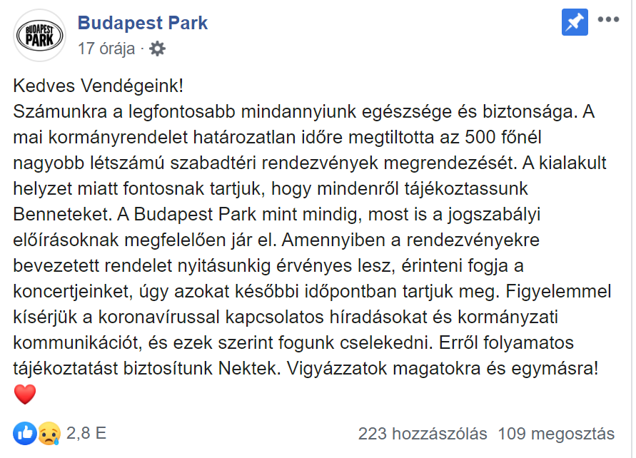 Fotó: Facebook A Budapest Park mint mindig, most is a jogszabályi előírásoknak megfelelően jár el