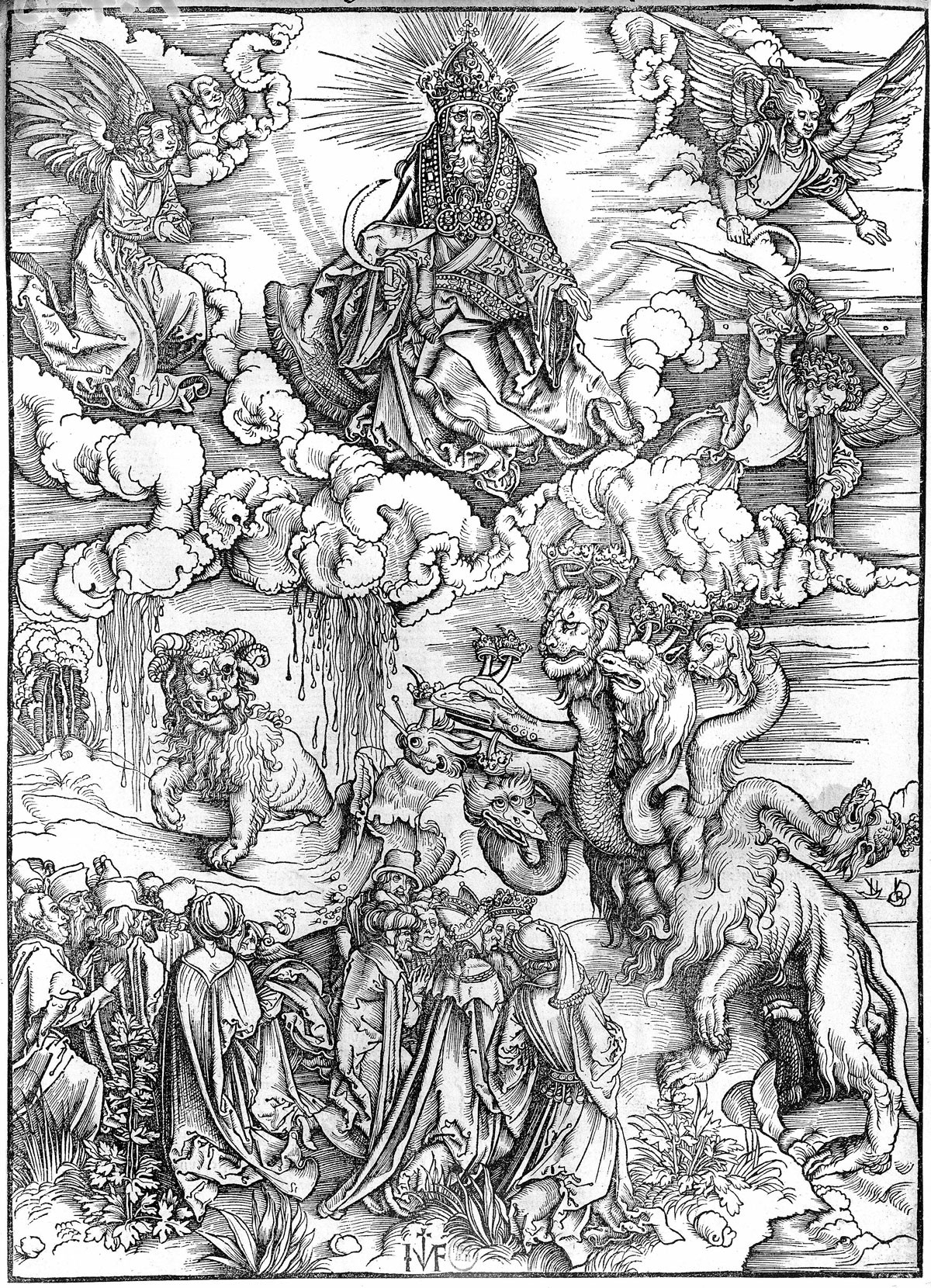 A tengeri szörny és a fenevad Szent János apostol látomásai szerint (Albrecht Dürer a Jelenések könyvéhez készült Apokalipszis-fametszetsorozatának darabja, 1497–98). Krisztus második eljövetelének várása, a végidőkről szóló kinyilatkoztatások értelmezése különösen olyan történelmi korszakokban kapott erőre, amikor a kereszténység átalakulóban volt, kihívás előtt állt