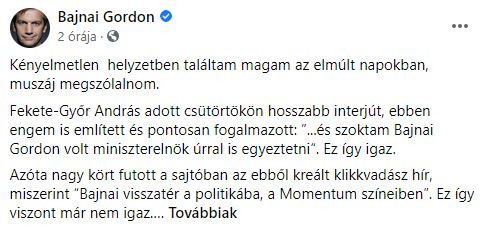 Fotó: Facebook Bajnai sem kér a Momentumból