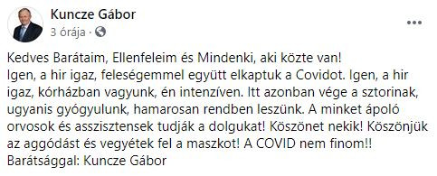 Kuncze Gábor intenzív osztályon van, koronavírusos