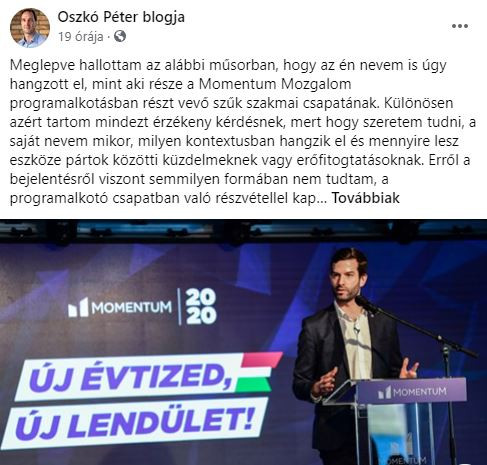 Fotó: Facebook Oszkó Péter elhatárolódott a Momentum Mozgalomtól