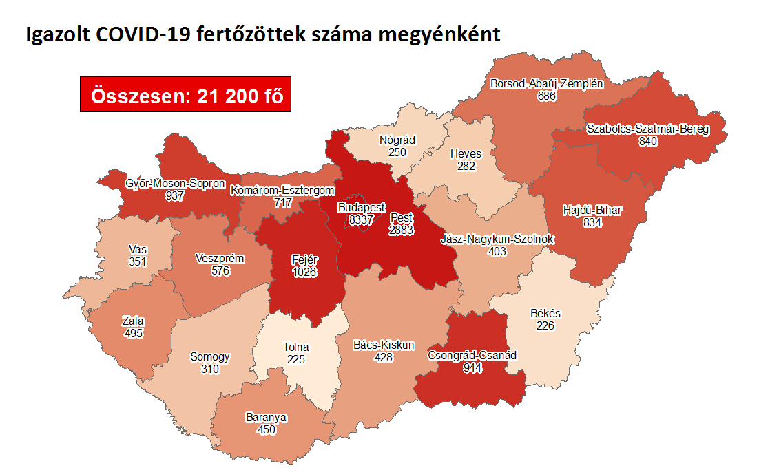 Fotó: koronavirus.gov.hu Igazolt fertőzöttek száma megyénként