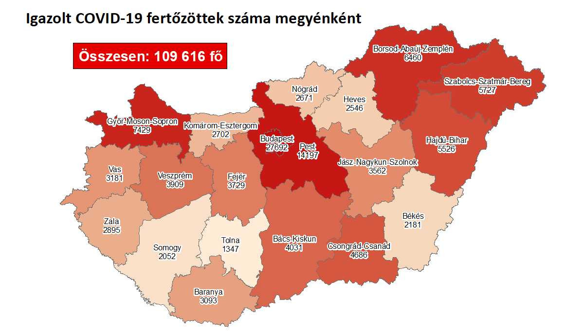 Fotó: koronavirus.gov.hu Igazolt fertőzöttek száma megyénként