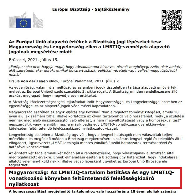 Fotó: MH Brüsszel egyébként annyira az LMBTQ-propagandisták oldalára állt, hogy a szövegben egyenesen azt állítja, hogy az LMBTQ-tartalmak megjelenítése nem káros a gyermekek jóllétére, és összhangban áll az érdekeikkel