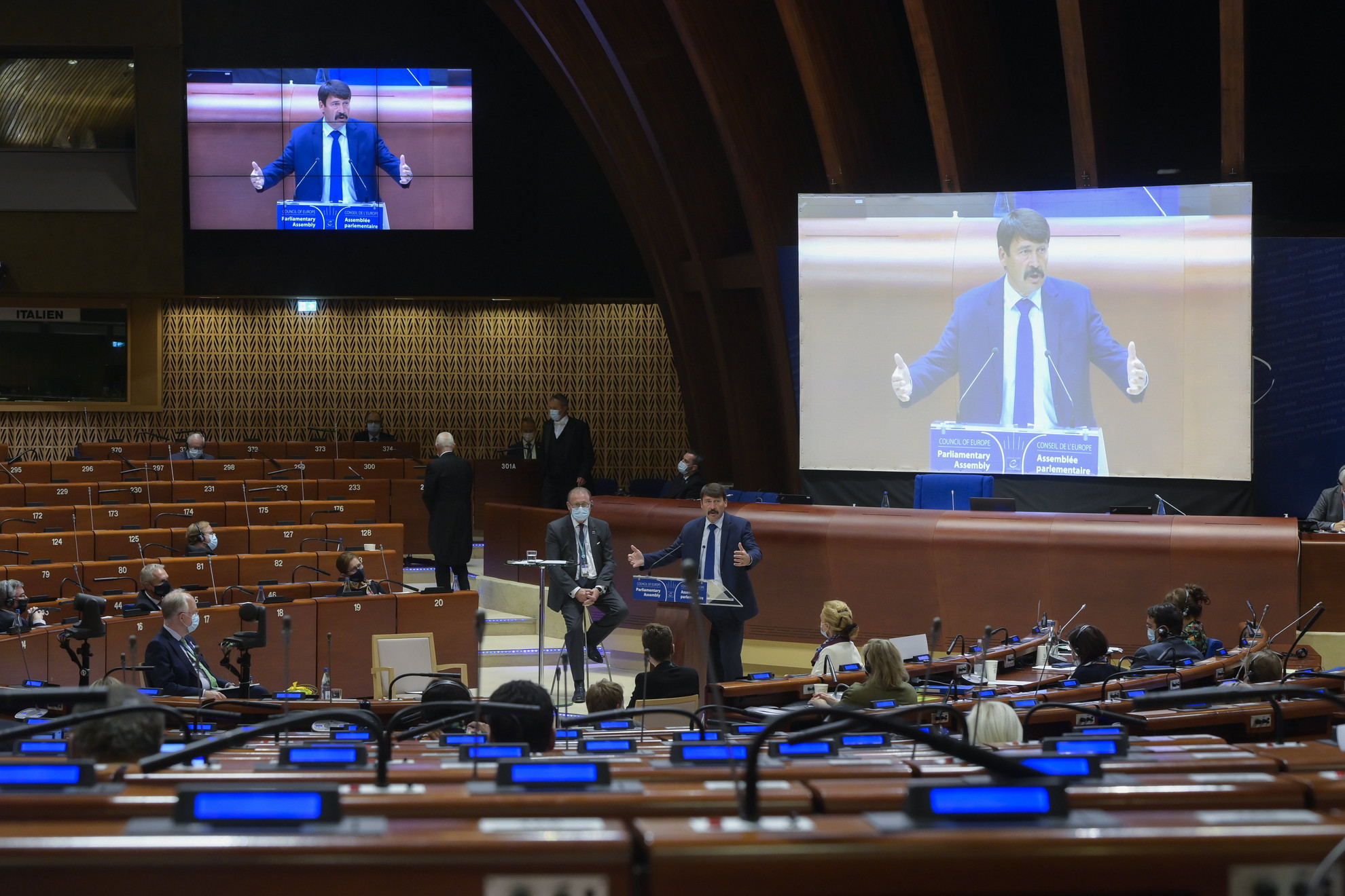 Áder János köztársasági elnök felszólal az Európa Tanács parlamenti közgyűlése plenáris ülésének környezetvédelmi témájú vitáján Strasbourgban 2021. szeptember 29-én