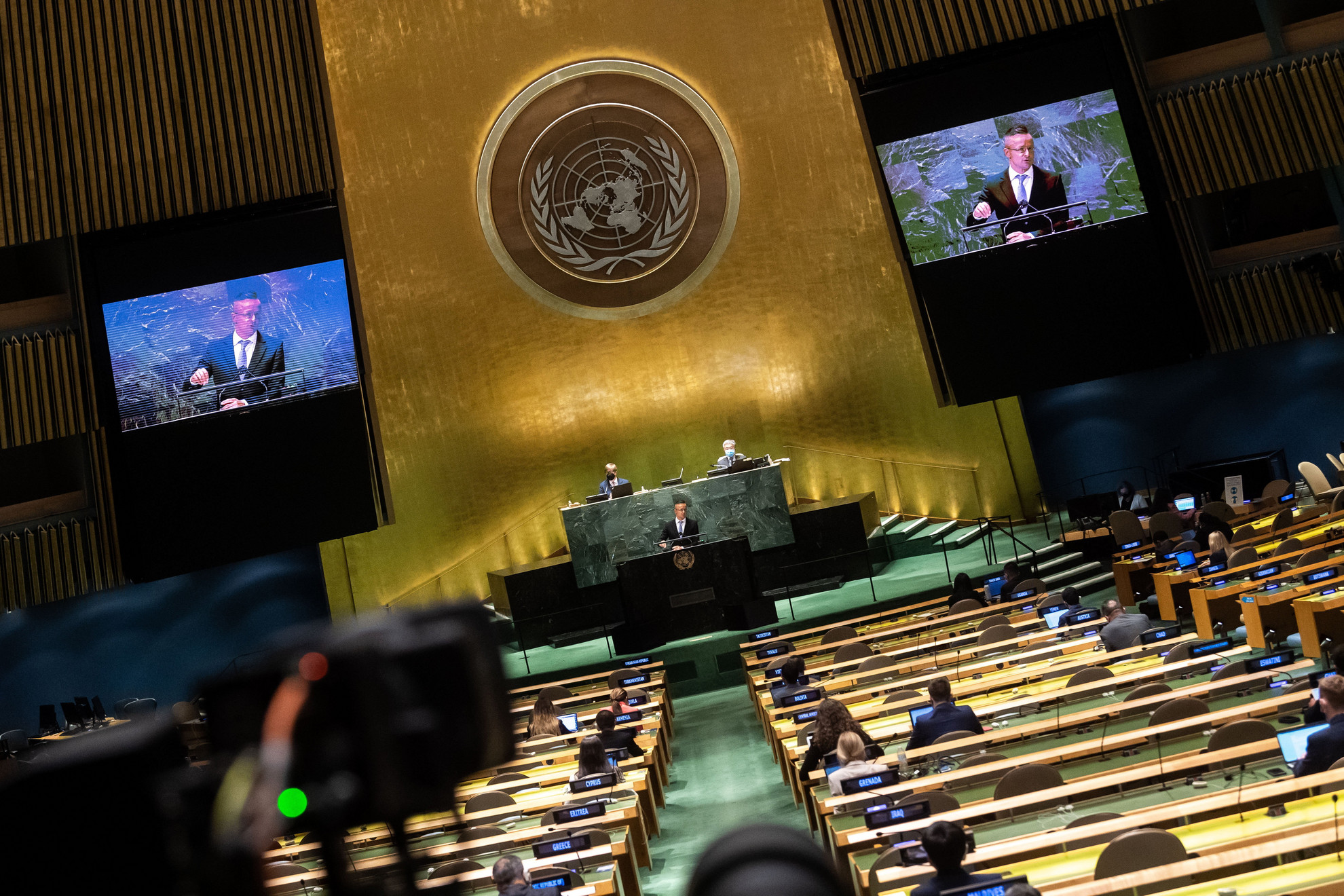 Szijjártó Péter külgazdasági és külügyminiszter felszólal az ENSZ-közgyűlés 76. ülésszakának általános vitáján New Yorkban 2021. szeptember 24-én