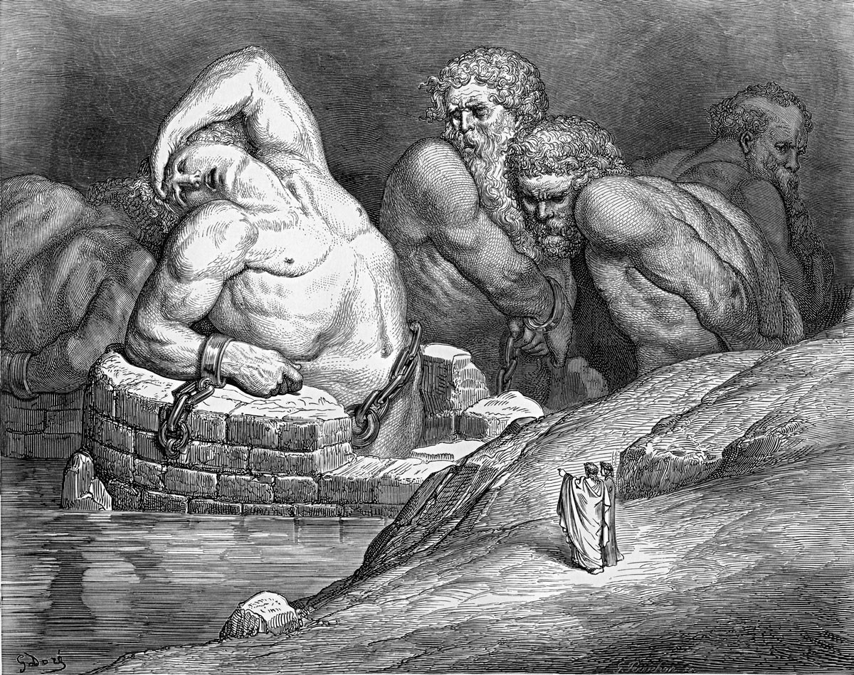 Titánok és gigászok leláncolva a pokolban (Gustave Doré illusztrációja).  Dante – mint ahogy Homérosz, az evangélisták, Shakespeare vagy Cervantes – nem egyszerűen egy irodalmi életművet hagyott hátra, hanem egy olyan világmagyarázatot, amely kijelöli az ember helyét az univerzumban