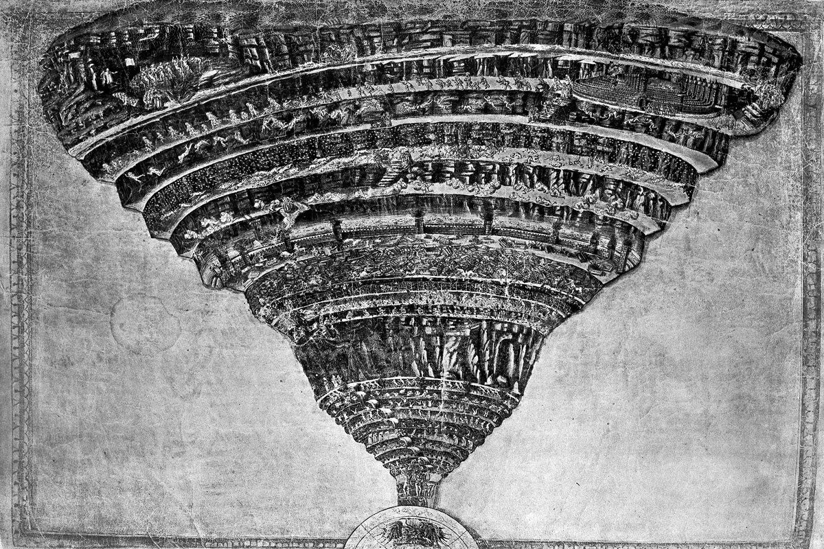 Sandro Botticelli színezett tollrajza, A pokol térképe, amelyet a művész aprólékos műgonddal, fémtűvel mintázott meg, és csak azután húzott ki tussal. A Dante Isteni színjátékához készült pergamenlapon a Pokol bugyrain át vándorló Dante és Vergilius alakja alig éri el a nyolc millimétert