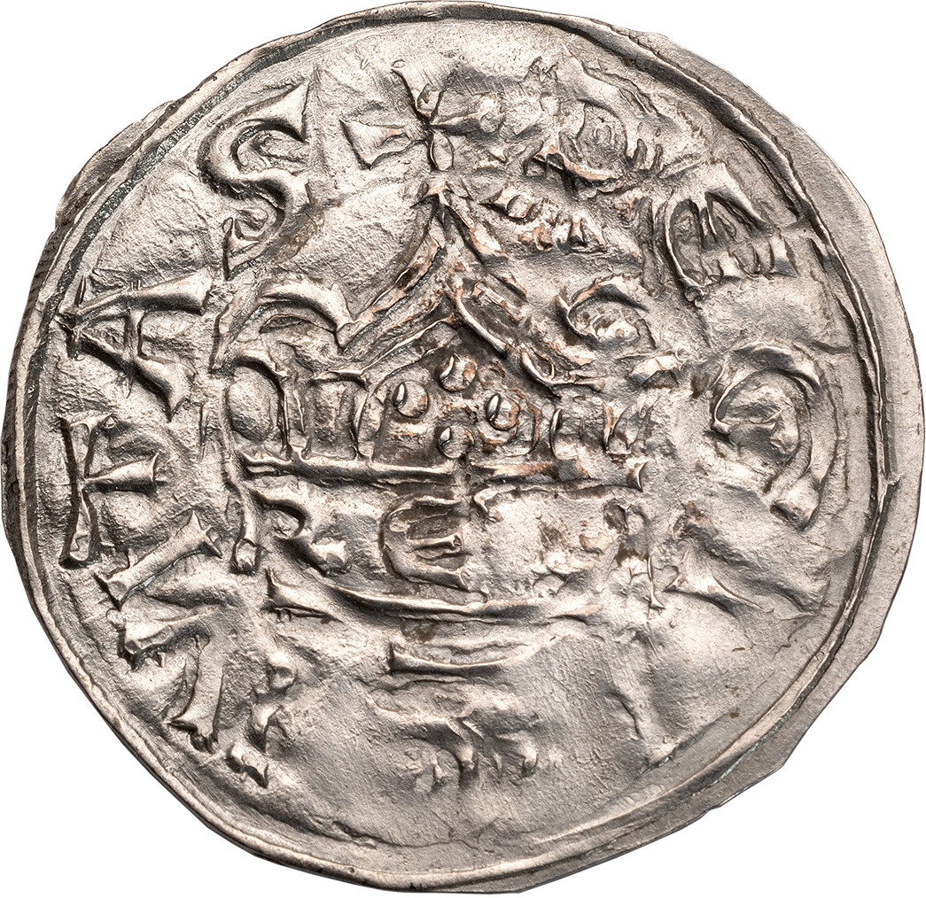 I. István (997–1038) denára, az első magyar pénz. Jelenleg kevesebb, mint 50 darab ismert az első magyar pénzből, amelynek egy példánya az MNB gyűjteményében található. A darab az 1968-ban előkerült nagyharsányi éremleletből származik.