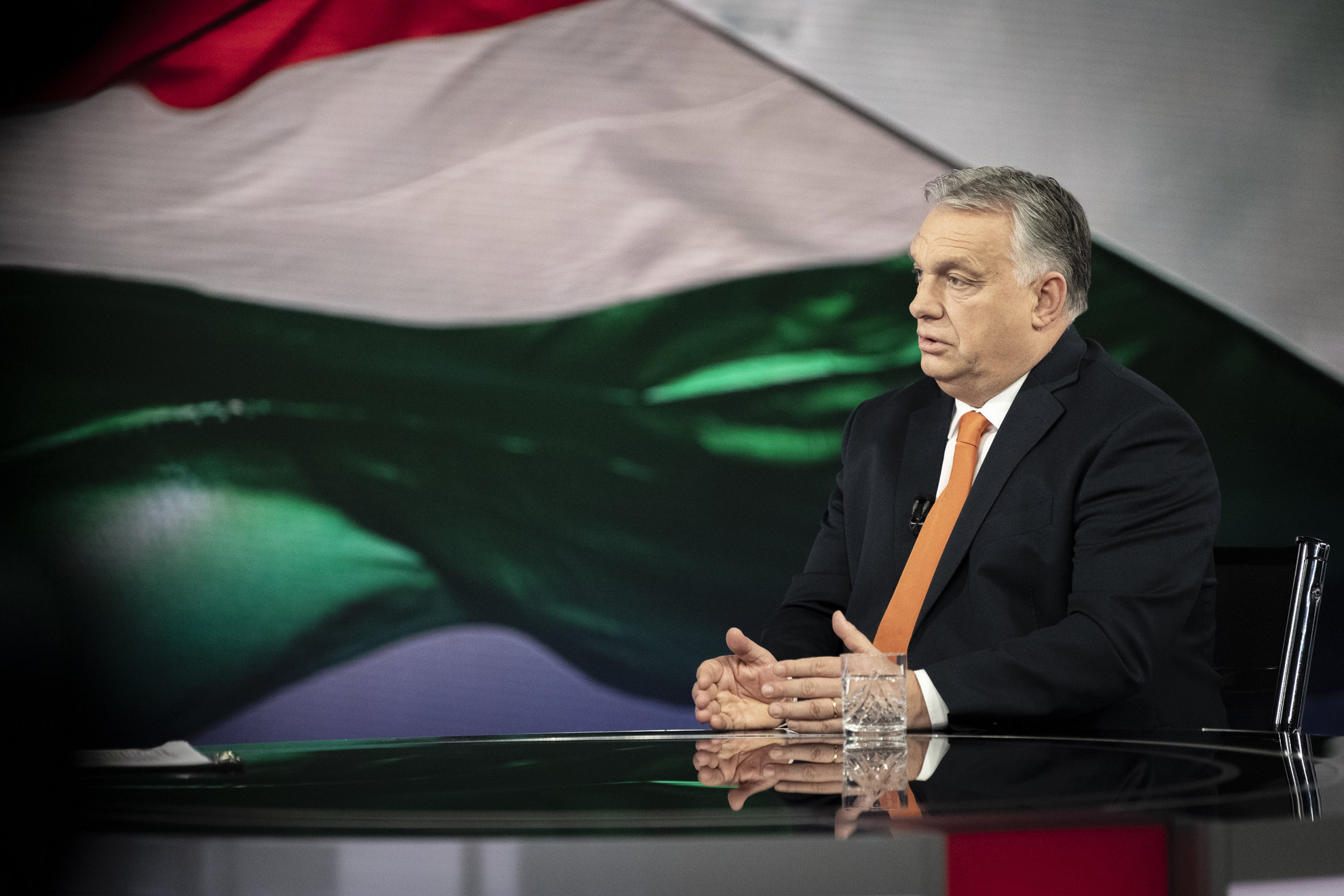 Orbán Viktor miniszterelnök interjút ad az M1 aktuális csatornának, az MTVA óbudai gyártóbázisán 2022. február 27-én