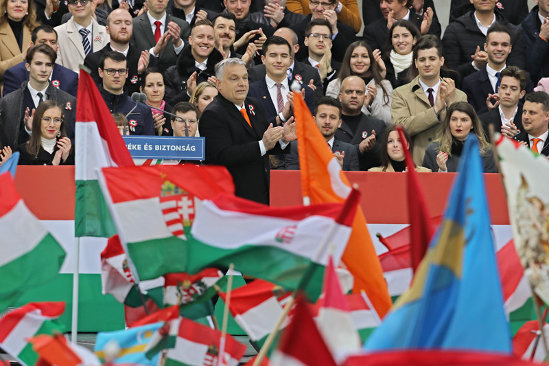 Orbán Viktor miniszterelnök a Kossuth téren rendezett állami díszünnepségen az 1848-49-es forradalom és szabadságharc kitörésének évfordulóján, 2022. március 15-én
