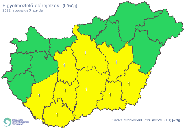 Fotó: OMSZ A hőségriasztás érintett megyéi