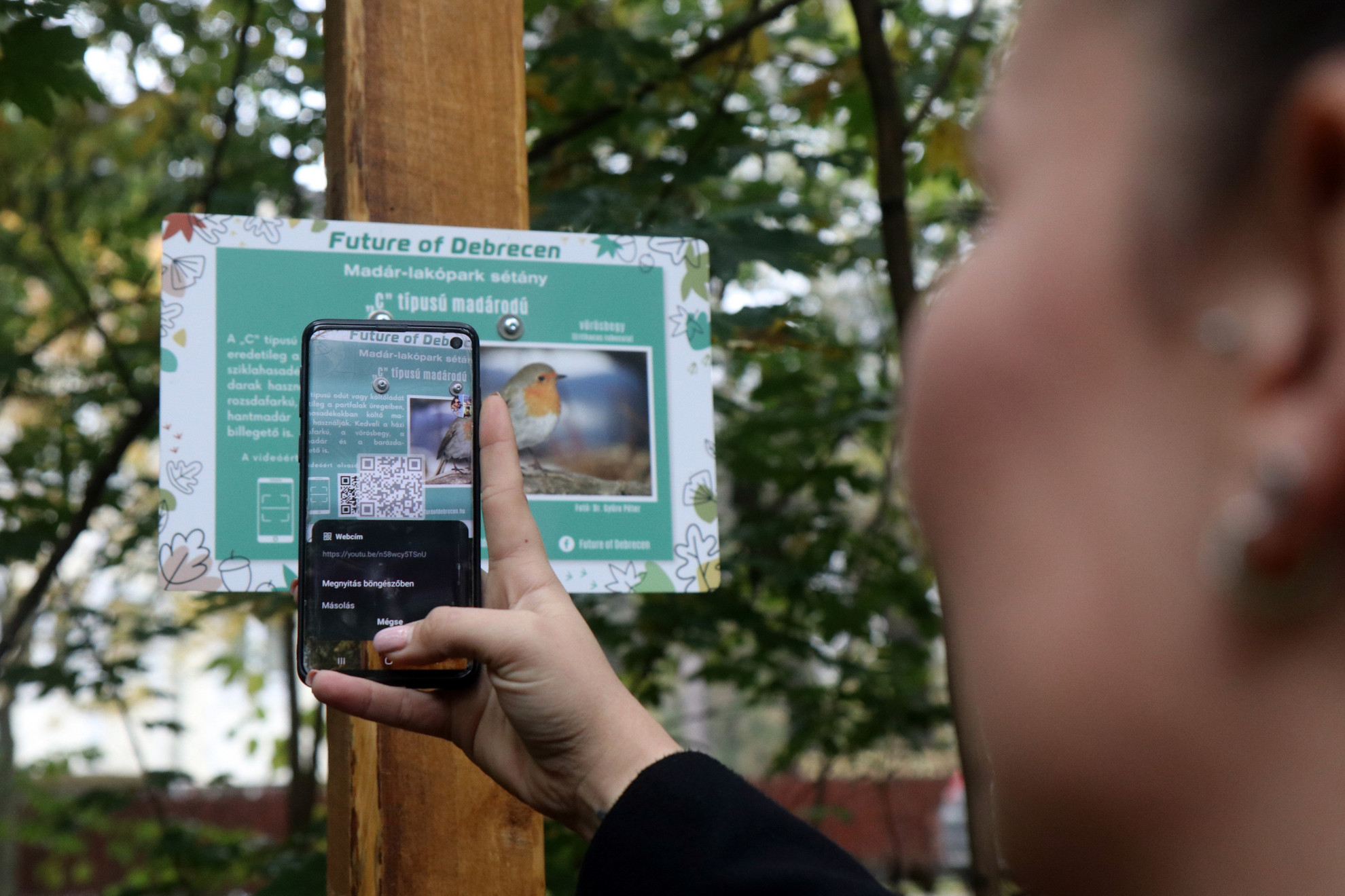 Fotó: MTI/Vajda János Egy érdeklődő beolvassa a tájékoztató tábla QR-kódját a 16 állomásból álló madárlakópark-sétányon a debreceni Nagyerdőben az átadás napján