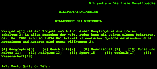 Fotó: MH/Wikipédia A Wikipédia német változatának nyitó oldala Line Mode Browser-ben. Ettől aligha lesz valakiből netfüggő