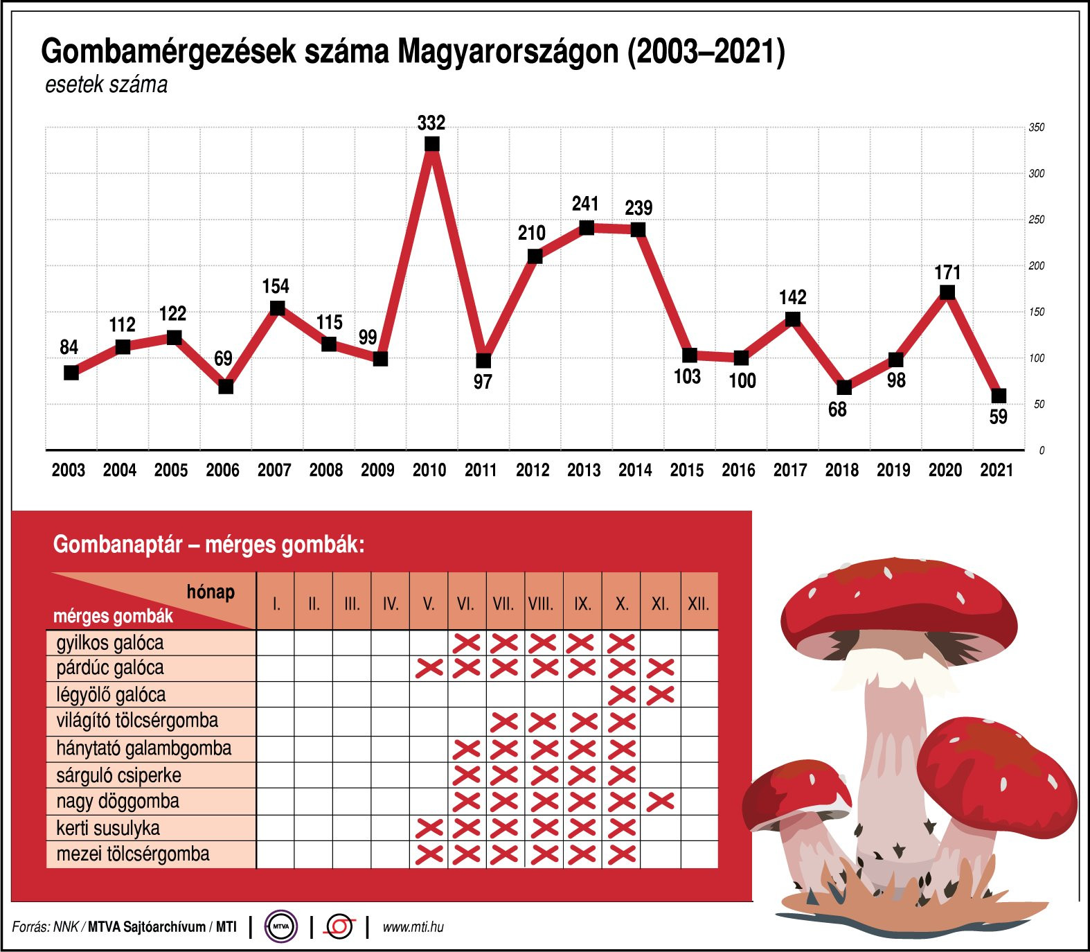 Fotó: 20221026:MTI:G0697 Gombamérgezéses esetek száma Magyarországon, 2003-2021