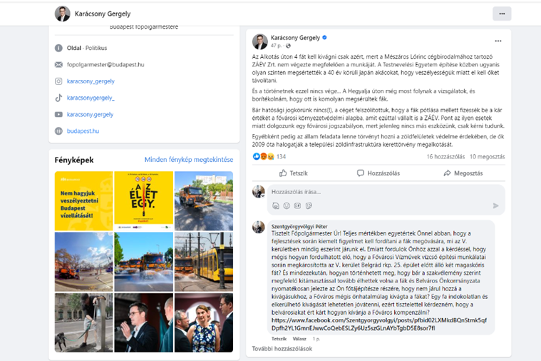 Fotó: Facebook Karácsony Gergely bejegyzése és az V. kerületi polgármester kommentje a Facebookon