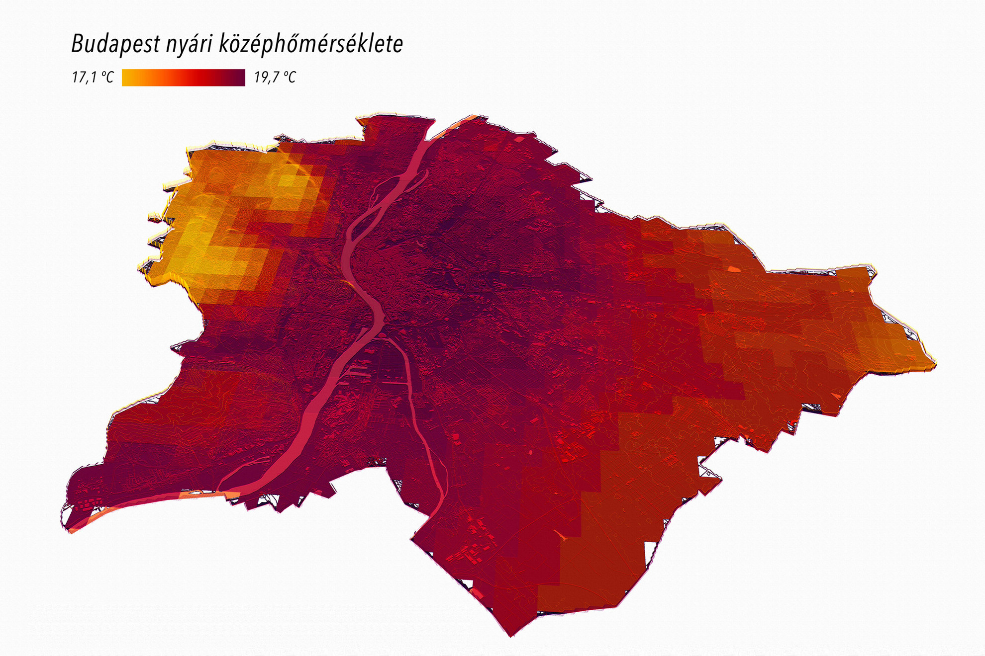 A nyári középhőmérsékleteket mutatja ez a budapesti térkép
