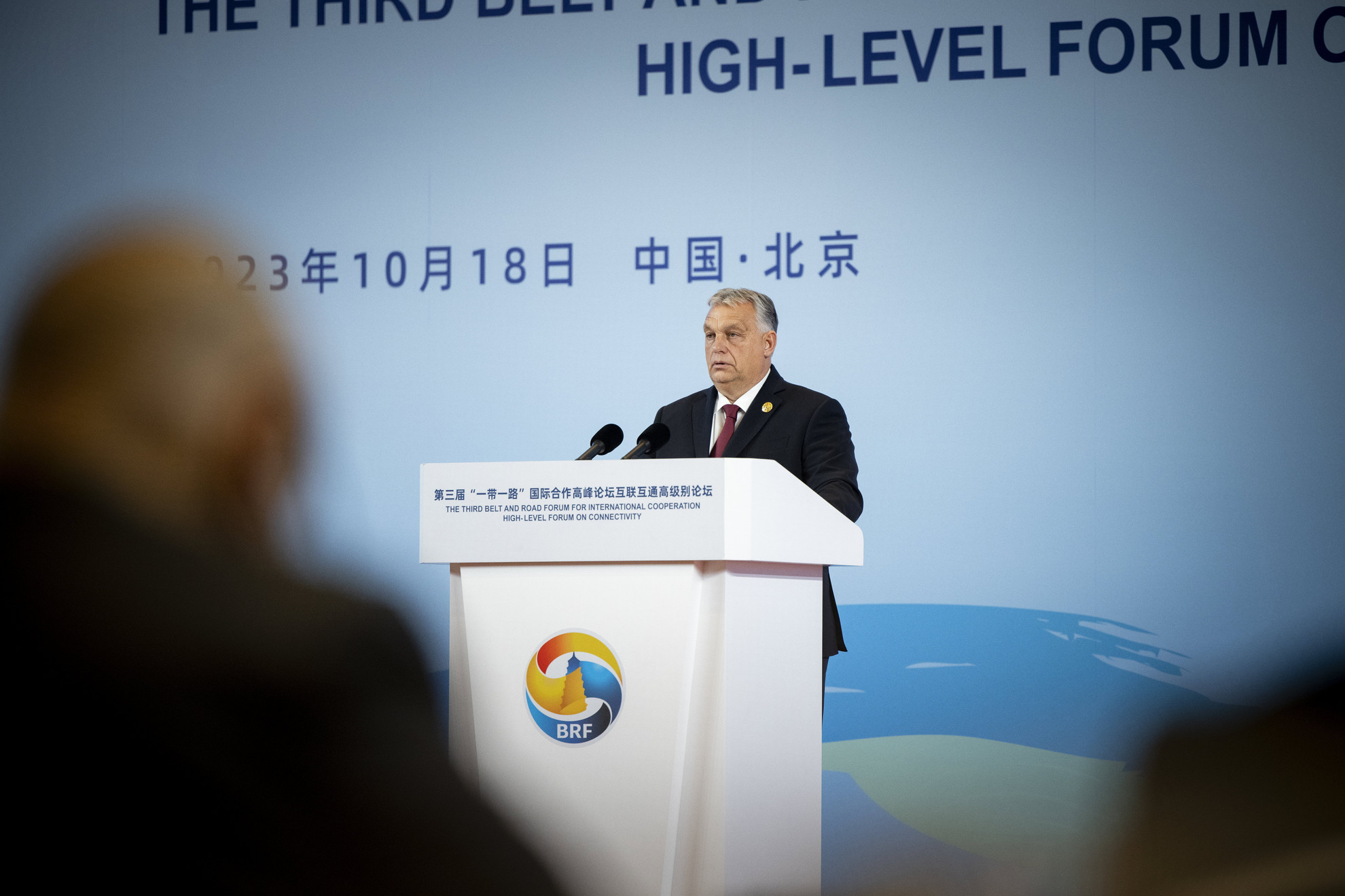 Fotó: MTI/Miniszterelnöki Sajtóiroda/Fischer Zoltán Orbán Viktor miniszterelnök beszédet mond az Övezet és út kezdeményezés csúcstalálkozóján Pekingben 2023. október 18-án