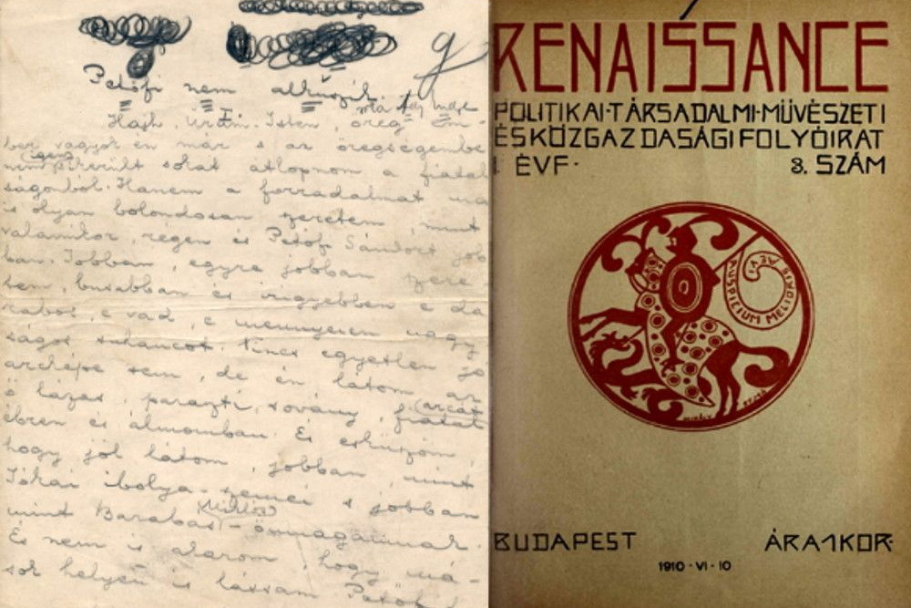 Fotó: Szőnyi Antikvárium/Arcanum/Renaissance Ady Endre különleges tanulmányának kézirata, annak is az első oldala. Mellette a folyóirat, amelyben hat részre bontva megjelent 1910-ben