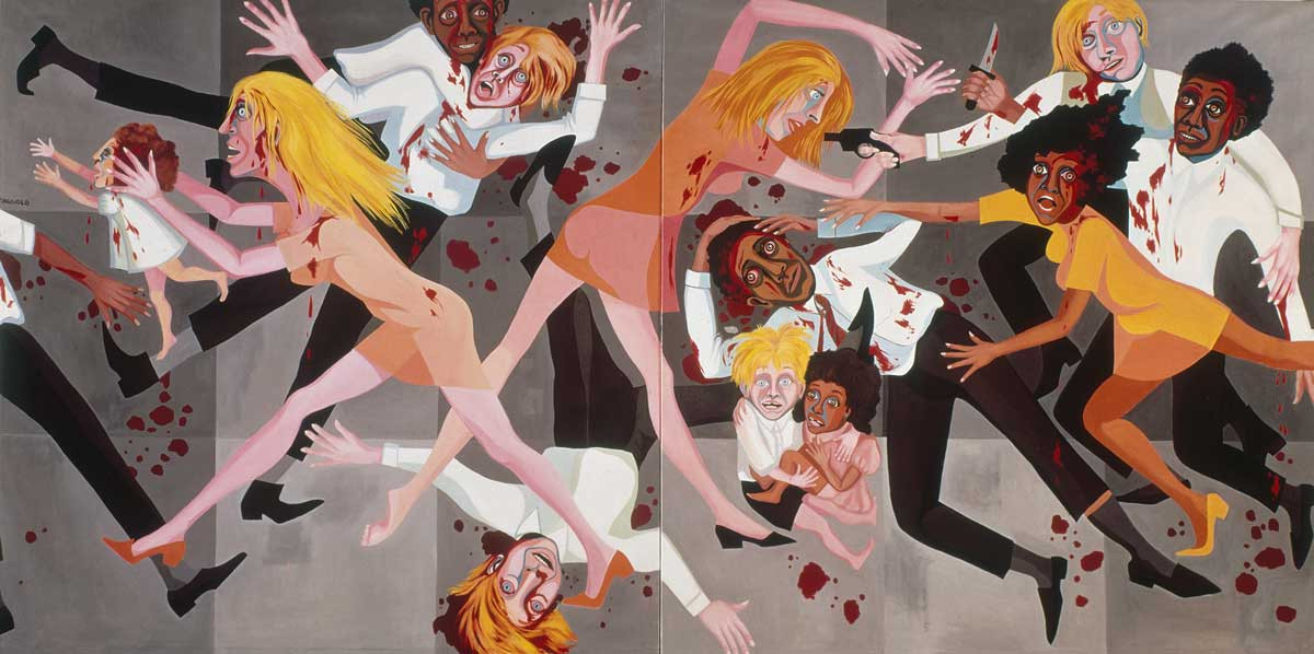 A Die, 1967: fekete-fehér férfiak, nők és gyerekek csoportját ábrázolja, akiknek többsége sebesült vagy véres, különféleképpen harcol, menekül, vagy haldoklik absztrakt szürke háttér előtt, középen két gyerek – az egyik fekete, a másik fehér – rémült ölelésben védi egymást