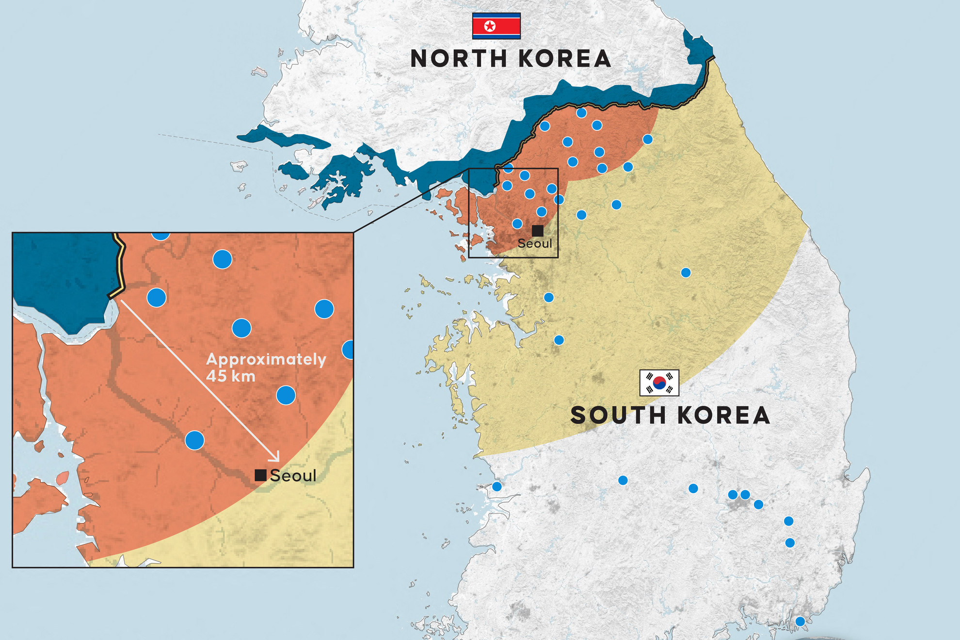 A sötétkék színnel jelölt területen helyezkednek el az észak-koreai tüzérségi ütegek és a rakétacsapatok. A drapp színnel jelzet déli területek az észak-koreai tüzérségi egységek és rakétacsapatok hatótávolságát jelzi. A terület déli szélén Szöul található. A kék pontok az amerikai bázisokat jelölik. A fekete vonal a demilitarizált övezetet mutatja