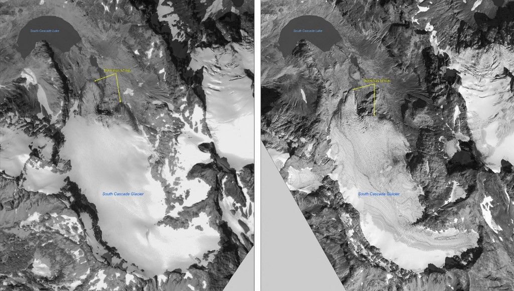 Az amerikai földtani intézet (USGS) által rendelkezésre bocsátott műholdas kompozit képen a sarki jégtakarókról 2000. augusztus 28-án (b) és 2006. szeptember 10-én készült műholdas felvételek a Washington államban található South Cascade gleccser visszahúzódó gleccserének végpontját mutatják. A tudósok közel 70 éve szondáznak, mérnek, fúrnak a South Cascade-gleccsernél. Glaciológusok generációi tanulmányozták a lassan mozgó jégtömeget, amely egyike az Egyesült Államok öt úgynevezett „referencia-gleccserének”, és figyelemmel kísérik, milyen változásokon megy keresztül