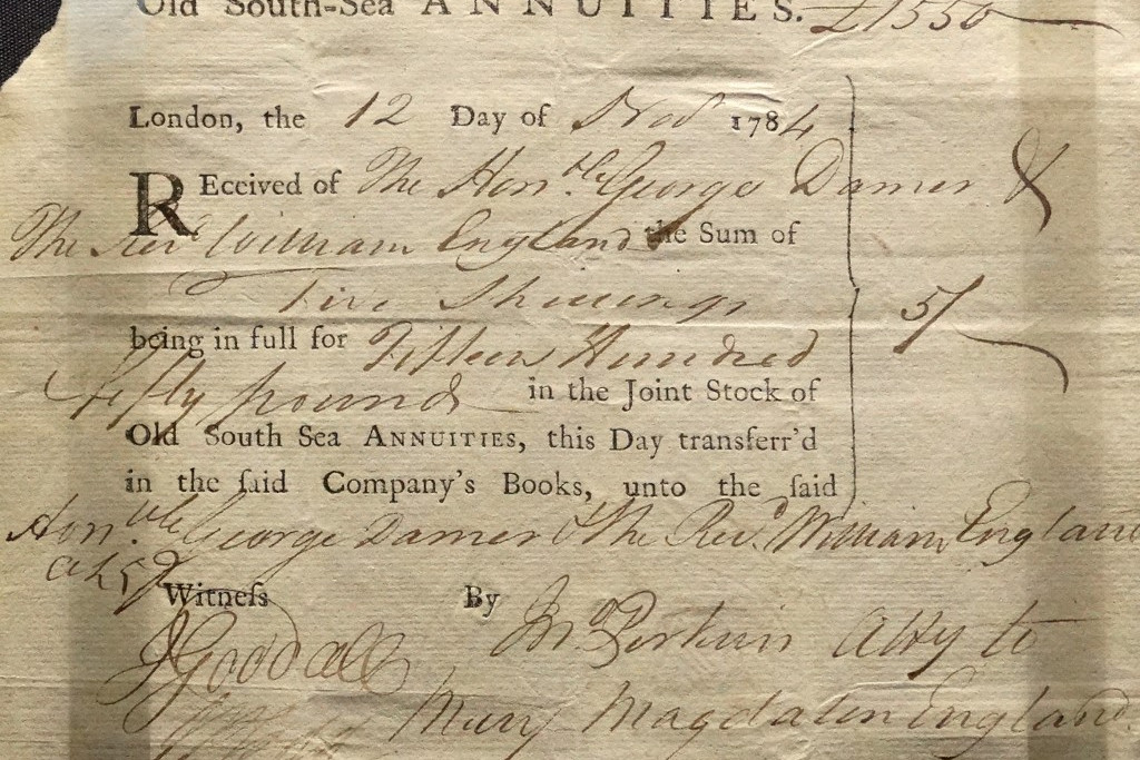 Dél-tengeri járadék részvényjegy, London, 1784. A South Sea Company megvásárolta a brit államadósságot Spanyolország dél-amerikai gyarmataival való kereskedési jogok fejében. A vállalati részvényekkel való spekuláció sok részvényes tönkretételéhez vezetett, amikor a Társaság 1720-ban összeomlott.