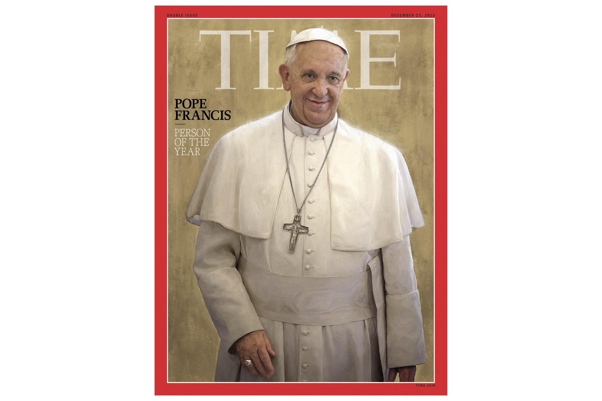 Fotó: AFP/Handout/TIME MAGAZINE/Jason Seiler 2013-ban a Time magazin Ferenc pápát választotta az év emberévé. A Time szerint a katolikus egyházfő kilenc hónapos hivatalban töltött ideje alatt a lelkiismeret új hangjává vált