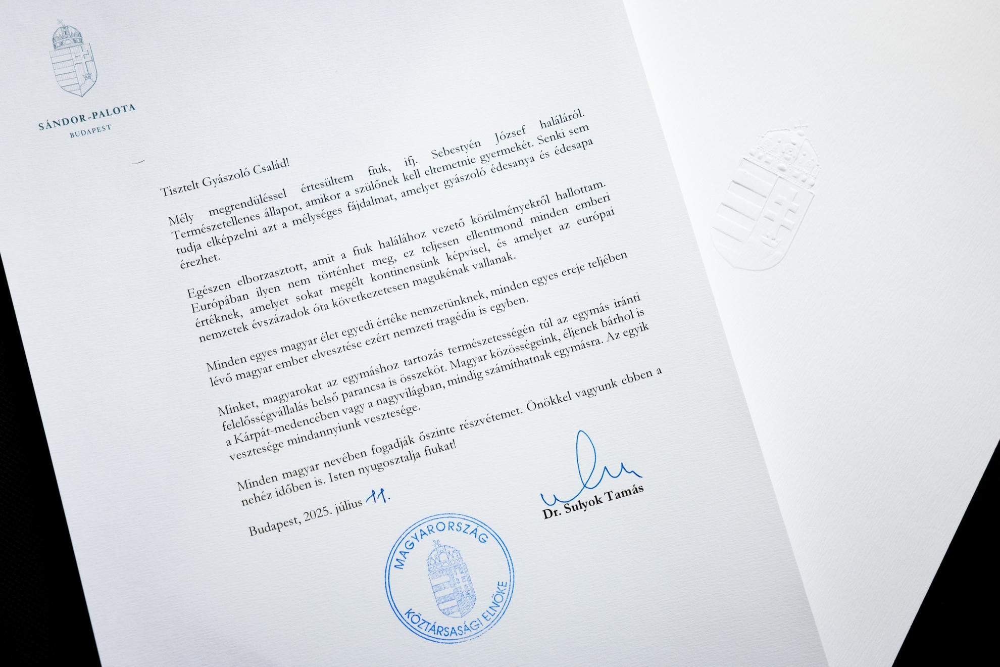 Sulyok Tamás köztársasági elnök levelet írt ifj. Sebestyén József családjának