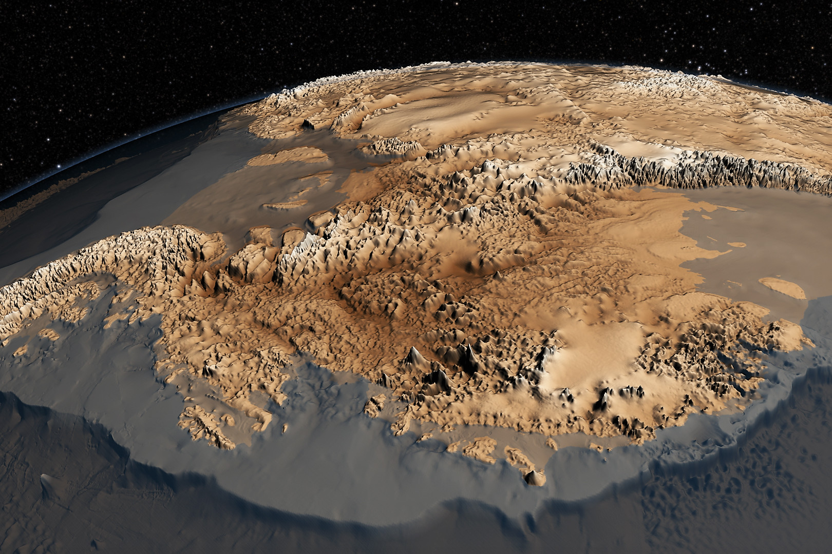 Fotó: Wikipedia/NASA Goddard's Scientific Visualization Studio Az antarktiszi jégtakaró alatti alapkőzet topográfiája