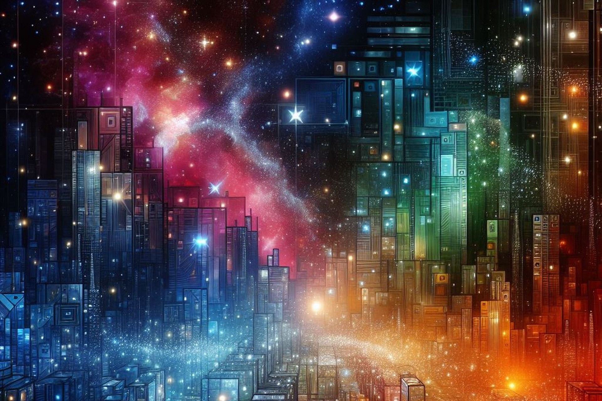 Fotó: PublicDomainPictures.net – „Futuristic Cityscape Free Stock Photo” Színes, éteri adatfolyam sugallja az AI sokrétűségét, játékos, mégis mély vizuális felvetés.
