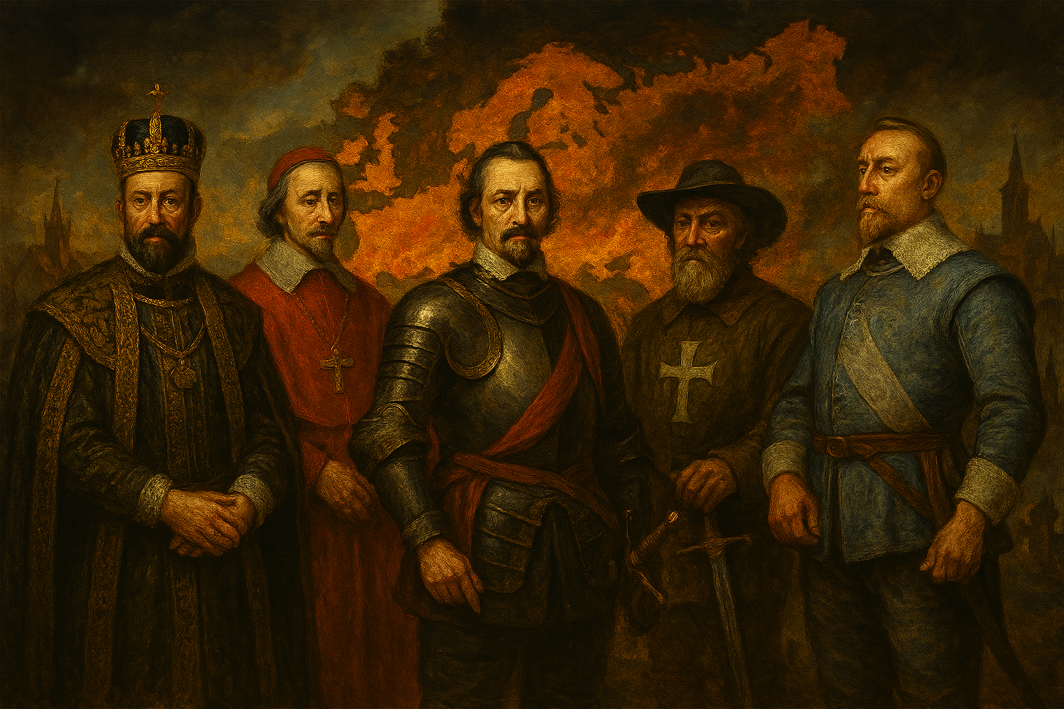 Fotó: AI által egyedi grafikával generált illusztráció Harmincéves háború vezetői – II. Ferdinánd, Richelieu bíboros, Wallenstein, Tilly és Gusztáv Adolf svéd király lángoló Európa előtt, barokk stílusú történelmi illusztráción.
