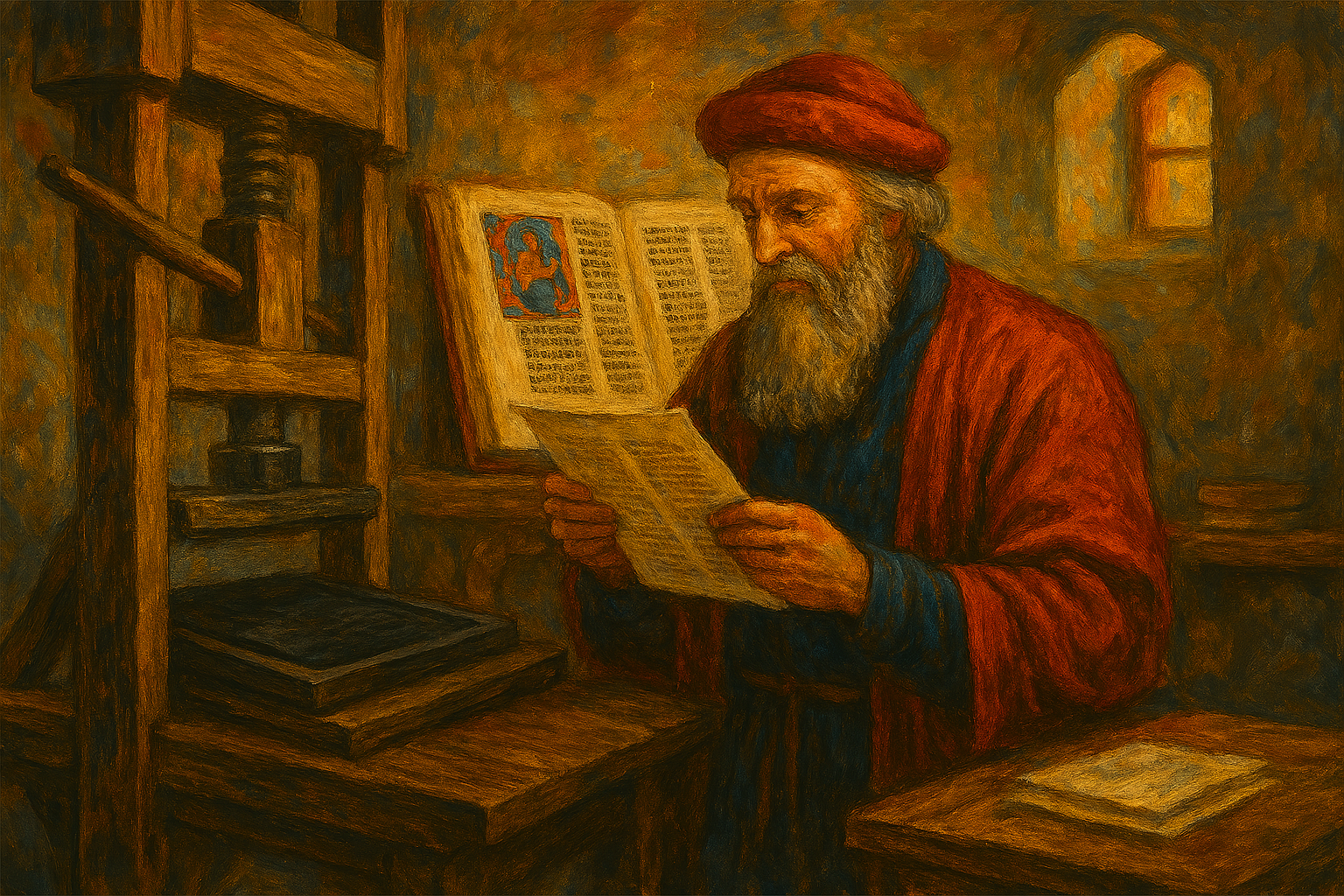 Fotó: Mesterséges Intelligencia által, egyedi grafikai generálással készült illusztráció. Gutenberg olvasás közben a könyvnyomtatás feltalálásakor. Festményszerű illusztráció a Gutenberg Biblia és a mozgatható betűs nyomdagép történelmi pillanatáról.