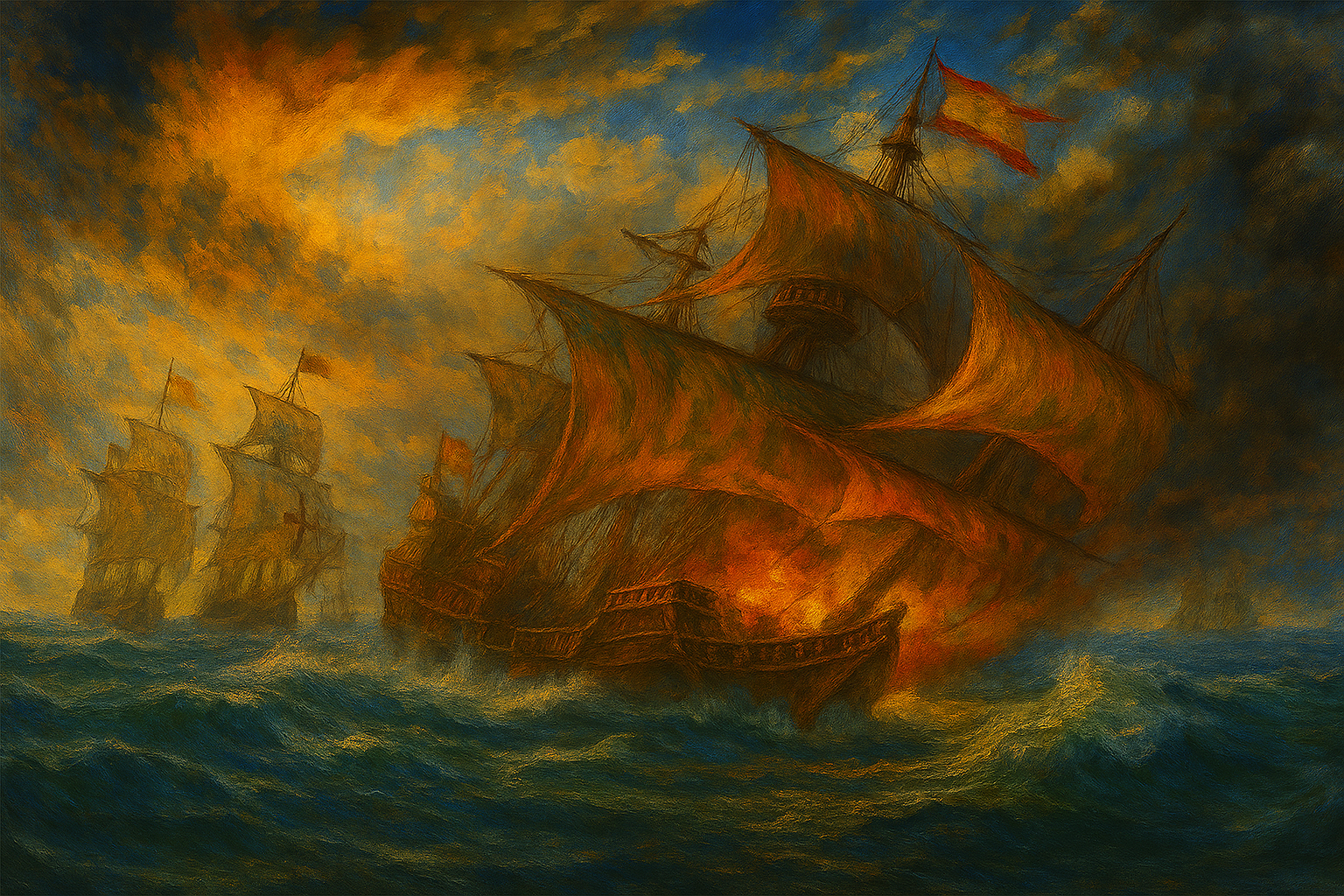 Fotó: Mesterséges Intelligencia által, egyedi grafikai generálással készült illusztráció. A Spanyol Armada bukása 1588-ban, viharos tengeri csata festményszerű illusztrációban, lángoló gályák és sötét hullámok között.