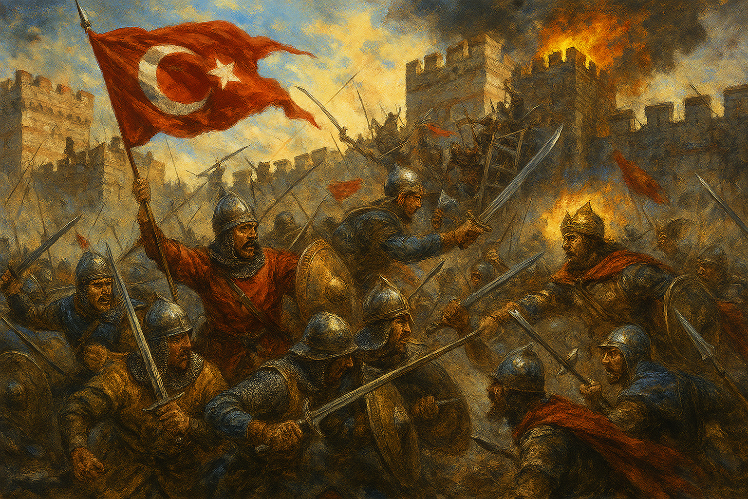 Festményszerű, színes illusztráció Konstantinápoly 1453-as ostromáról. Az oszmán katonák vörös, kék és zöld tunikában, láncingben és sisakban rohamozzák a város falait, miközben zászlókat lengetnek és létrákon kapaszkodnak. A bizánci védők aranykoronás vezérük vezetésével karddal és pajzzsal küzdenek, mögöttük lángok és füst gomolyog. A háttérben a város falai omladoznak, a naplemente narancs és kék árnyalatai keverednek a csata füstjével.