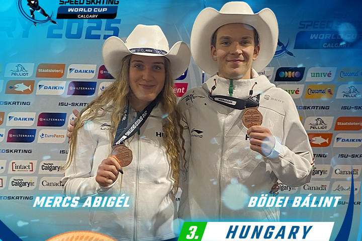 Fotó: Hunskate fb oldala Bronzérmes a Mercs Abigél és Bödei Bálint vegyes váltó a gyorskorcsolya világkupán