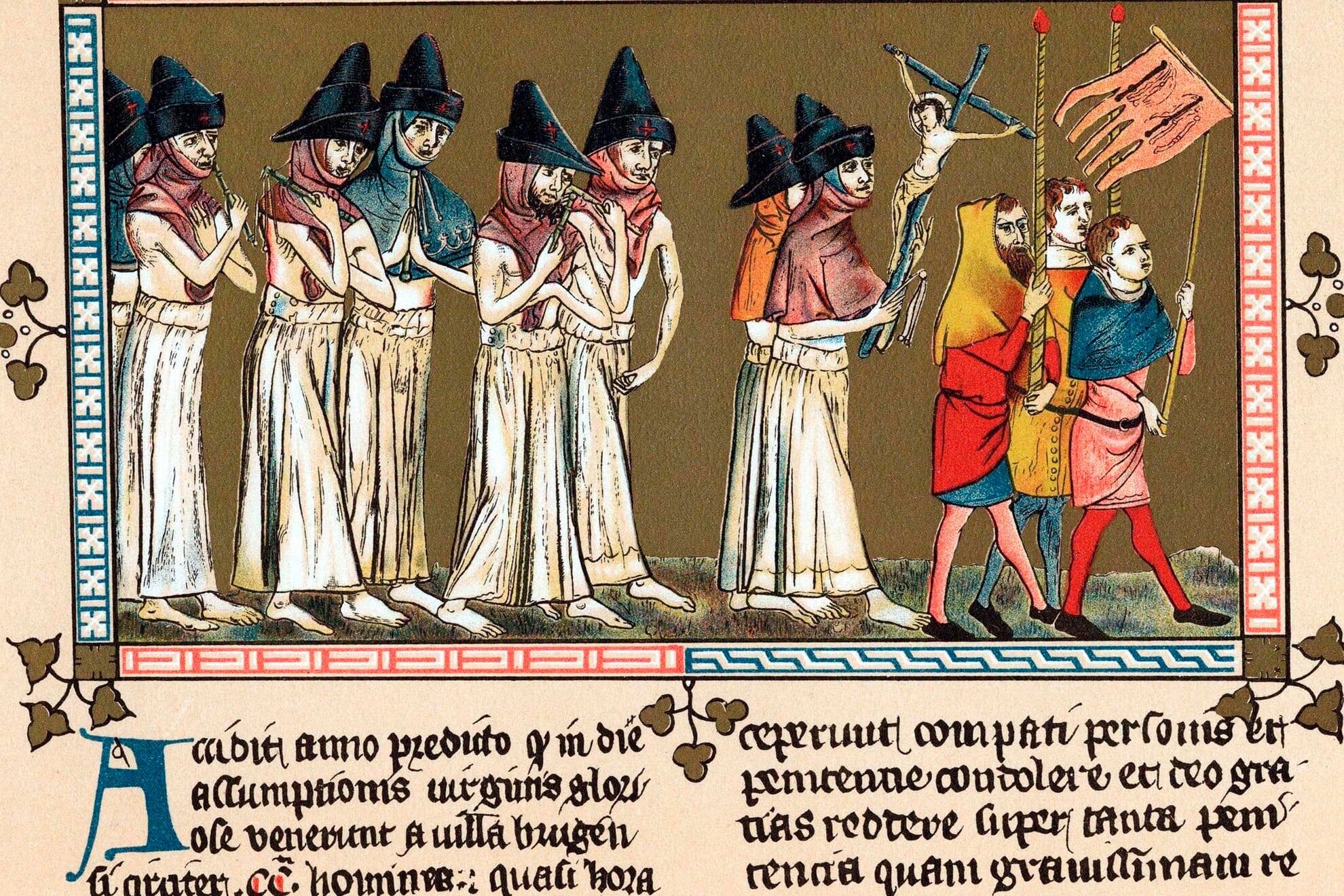 Flagellánsok a hollandiai Tournai (Doornik) városában, 1349. A Keresztes Testvérekként ismert flagellánsok ostorozzák magukat, miközben az utcákon sétálnak, hogy megszabadítsák a világot a fekete haláltól (bubópestistől)